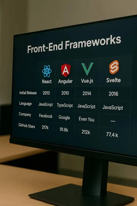 Monitor displaying a comparison chart of front-end frameworks including React, Angular, Vue.js, and Svelte, showing release dates, languages, companies, and GitHub stars.