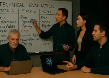 Team discussing software stack options around a laptop in a modern meeting room.