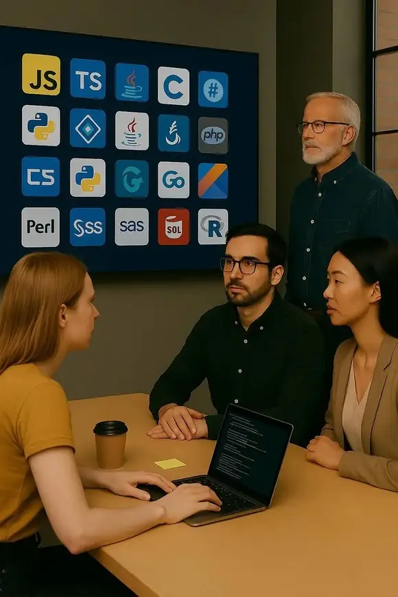 Four developers in a meeting room, one working on a laptop with code on screen, discussing in front of a wall displaying various programming language icons.