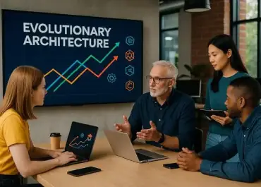 Team discussing architectural evolution in a collaborative workspace with diagrams on the screen.