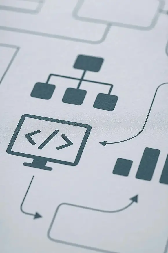 Close-up of a flowchart showing interconnected steps and decisions, illustrating process design and system logic.