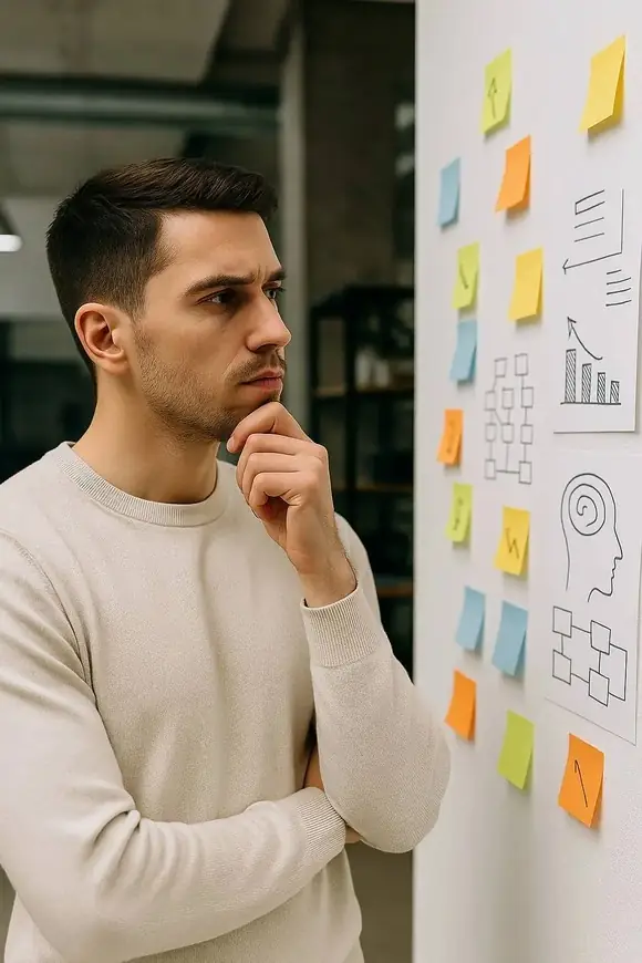 Person focused on a whiteboard filled with flow diagrams and sticky notes, visualizing complex ideas and planning solutions.