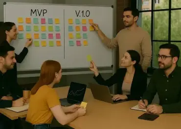 Two developers collaborating at a desk with code and architectural diagrams on screen.
