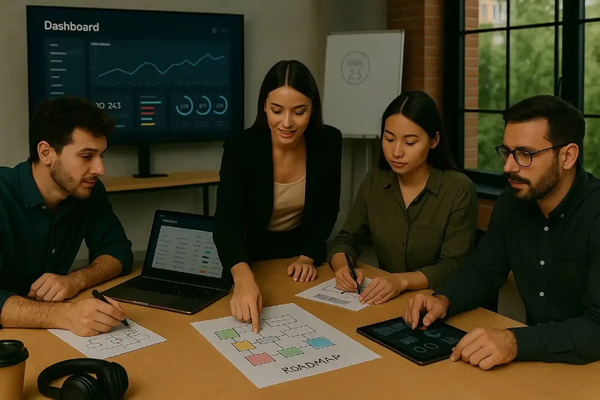 Software team collaborating on a product roadmap in a modern office, with diagrams, analytics, and a dashboard displayed on a screen in the background.