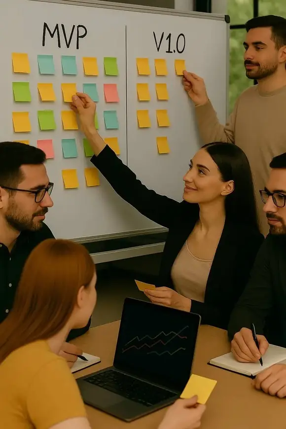 Team planning session visualizing the evolution from MVP to version 1.0 using sticky notes to define priorities and next steps in software development.