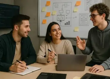 Colleagues aligning on project execution during a business meeting, with strategy diagrams visible.