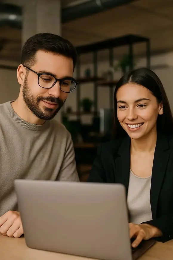 Two professionals smiling while working together on a laptop, representing collaborative planning and strategic alignment.
