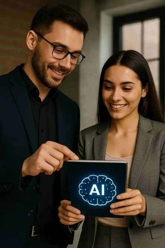 Two people interacting with a tablet, illustrating collaboration through IA App