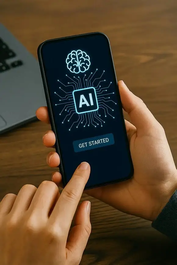 Mobile phone displaying a IA GET STARTED.