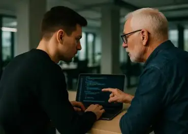 Focused developers reviewing legacy code on a laptop in a quiet office.