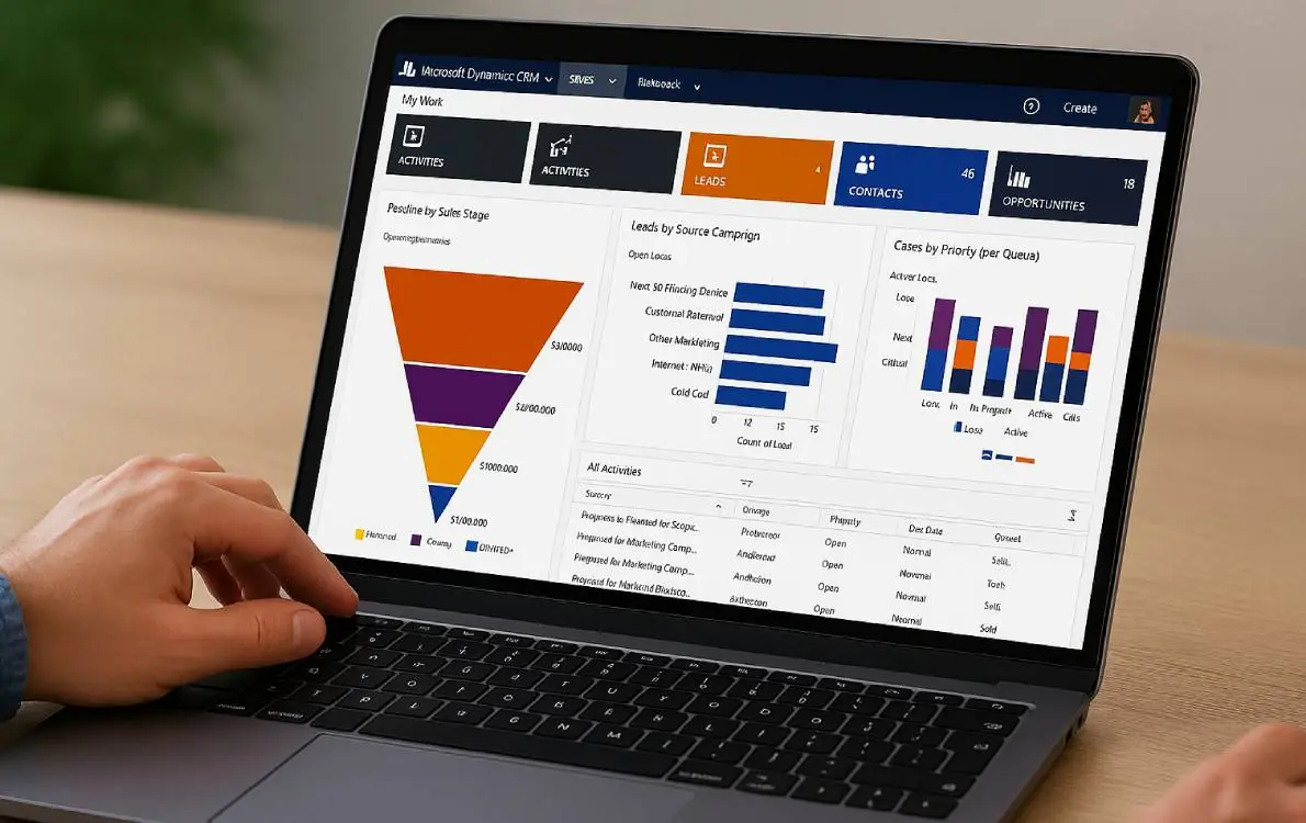 Laptop screen showing the Microsoft Dynamics 365 dashboard, representing integrated business management tools.