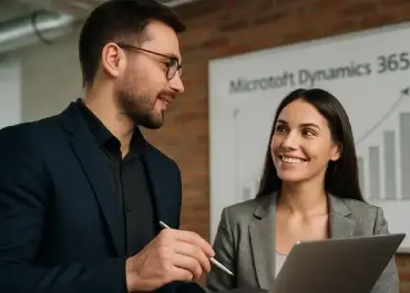 Team collaborating around a screen showing growth data using Microsoft Dynamics.