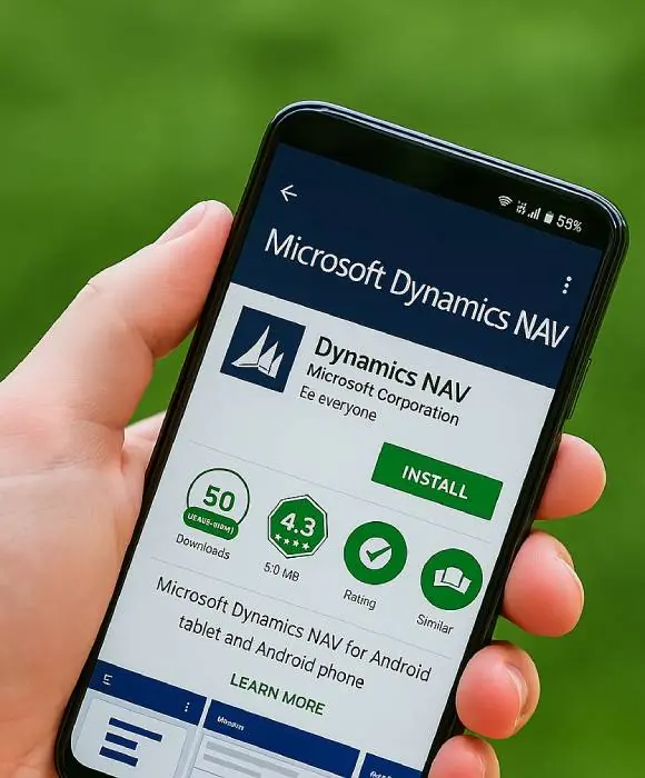 Mobile phone displaying a Microsoft Dynamics 365 interface, highlighting on-the-go business access.