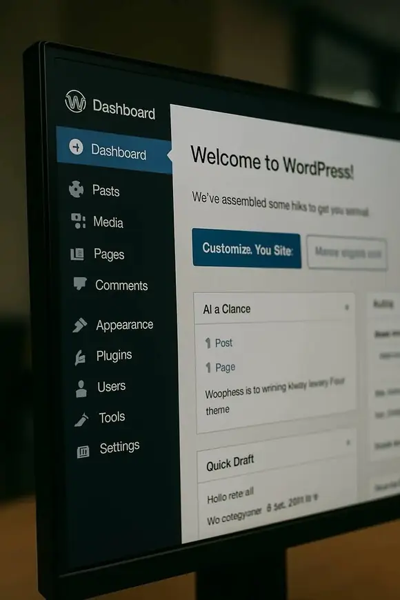 Close-up of a computer monitor displaying the WordPress dashboard interface with the welcome message.