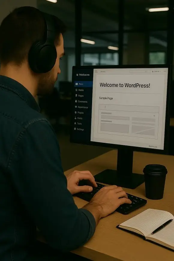 Man using a desktop computer with the WordPress dashboard open, seated at a desk with headphones, a notebook, and a coffee cup.