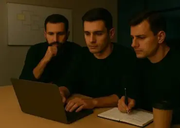 Software professionals analyzing previous work during a technical evaluation session.