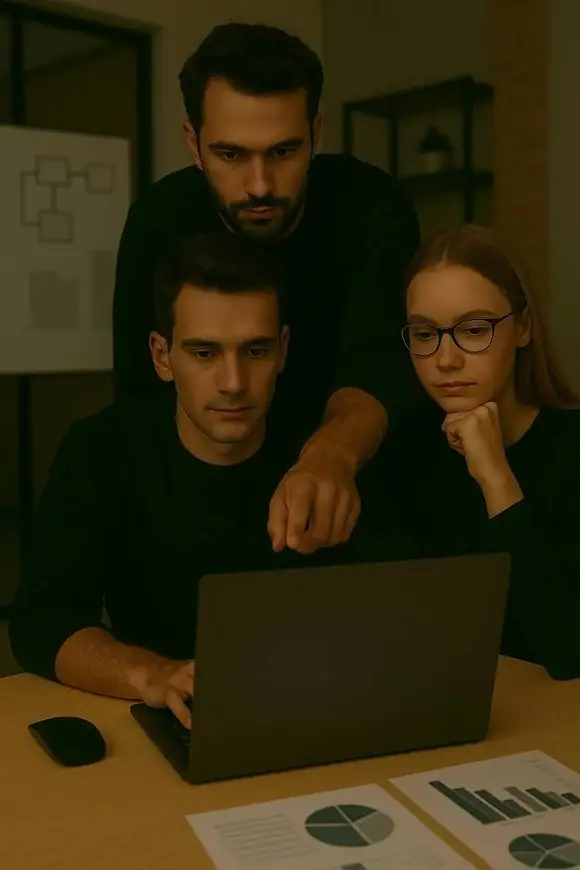 Three team members reviewing something on a laptop, one pointing at the screen, suggesting collaborative debugging or decision-making.
