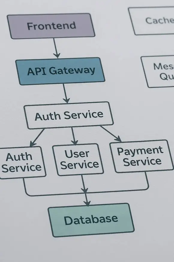 Close-up of a software architecture diagram showing a flow from Frontend to API Gateway, then to Auth Service, followed by Auth, User, and Payment Services, all connected to a central Database.