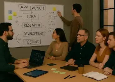 Team working in a meeting room with planning diagrams and notes on a whiteboard.