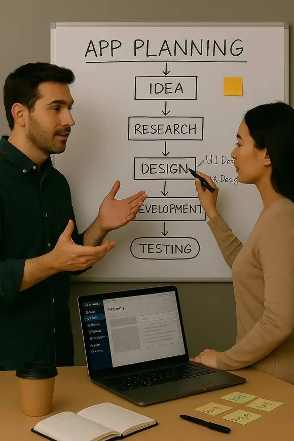 Two coworkers planning an app development process at a whiteboard with a flowchart showing the stages: Idea, Research, Design, Development, and Testing. One person points to the 'Design' step while the other gestures. A laptop, notebook, pen, and sticky notes are on the table in front of them.