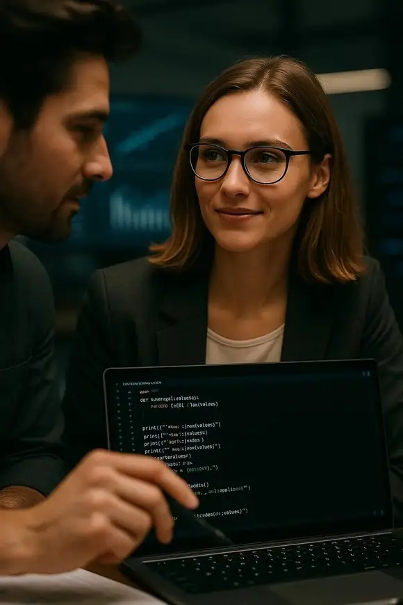 Two professionals reviewing code on a laptop, reflecting collaboration and attention to software quality in a technical setting.