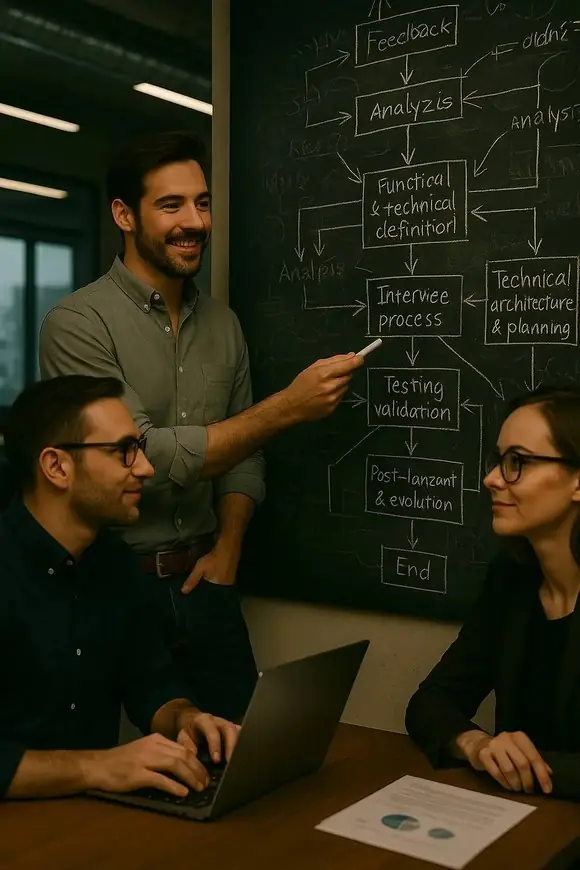 Team collaborating in front of a chalkboard with a software development process diagram, illustrating planning, architecture, and validation steps.