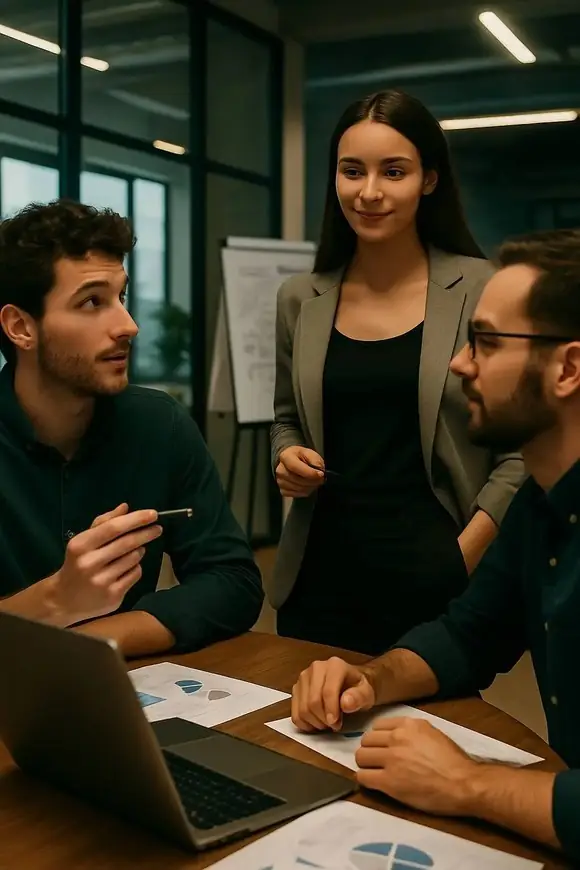 Team discussing strategy and data in a meeting room, representing cross-industry collaboration and tailored software planning.