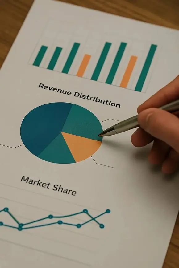 Close-up of a report with charts showing revenue distribution and market share, illustrating data-driven decision-making.