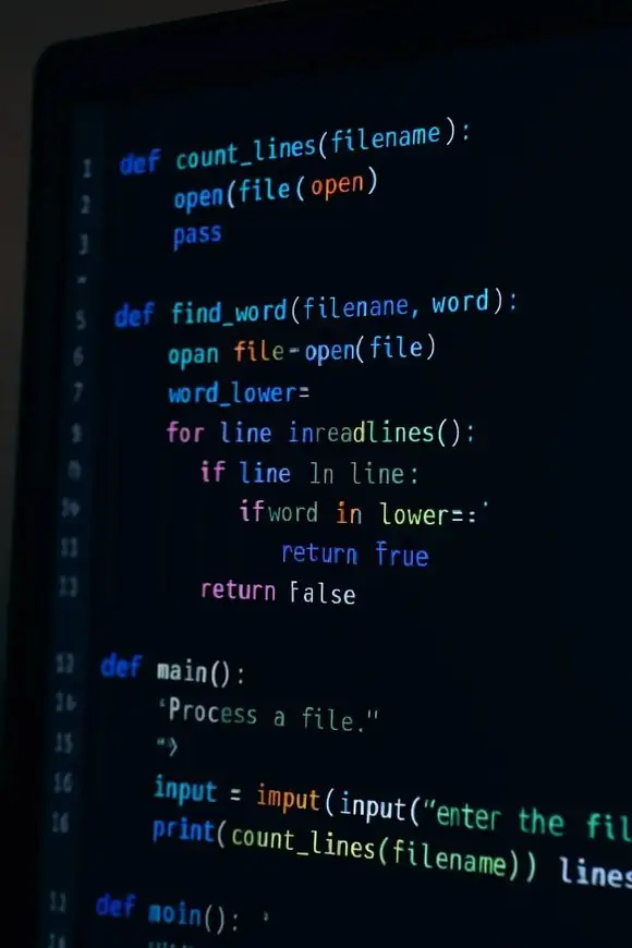Close-up of a computer screen displaying colorful Python code with syntax highlighting, focused on file and word processing functions.