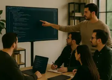 Software developer standing at a modern office desk, reviewing code on dual monitors while wearing headphones, with a coffee cup and notebook nearby