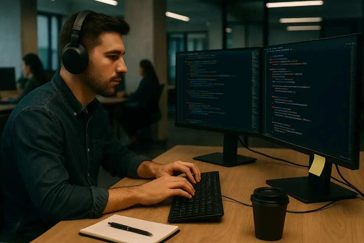 Software developer wearing headphones and coding on a dual-monitor setup in a dimly lit modern office, with a notebook and coffee cup on the desk.