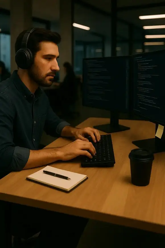 Group of software developers collaborating around a laptop and a large screen displaying code, in a modern office environment.