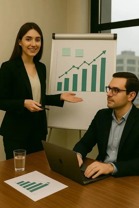 Woman in a dark blazer presenting a chart on a whiteboard during a meeting, with a colleague seated to her left working on a laptop.