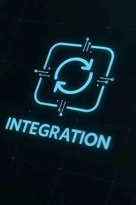 Close-up of a glowing integration icon on a dark digital interface, representing system connectivity and data flow.