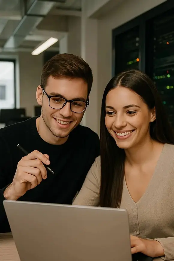 Two young professionals collaborating at a desk in a modern tech office, focused on a shared laptop screen.