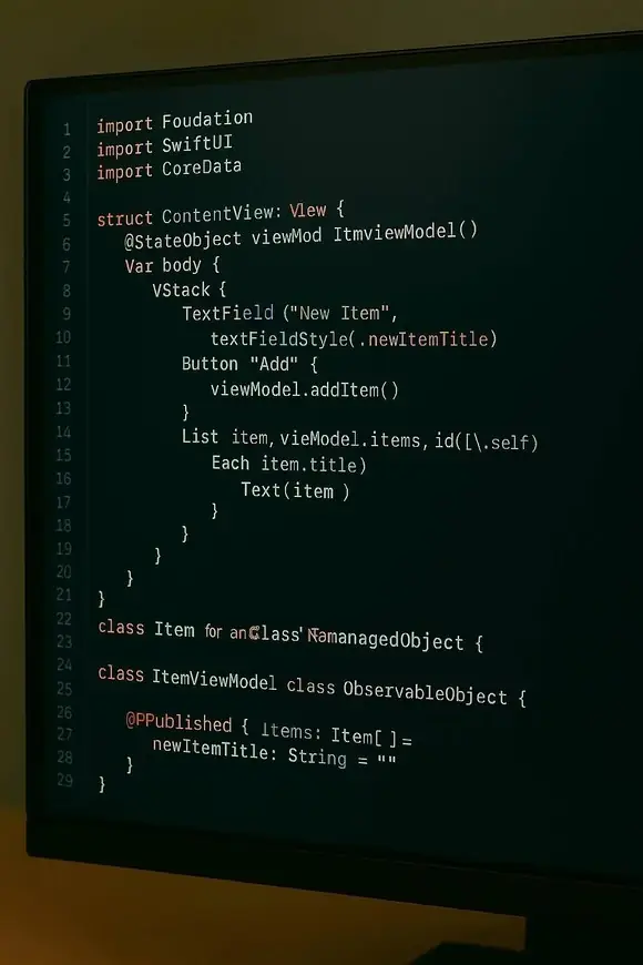 Close-up of a computer monitor in perspective view displaying code with syntax highlighting in a dark-themed editor.