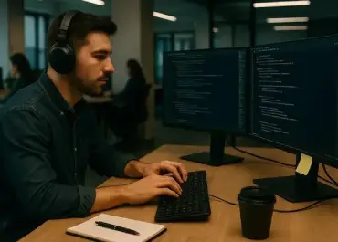 Developers working closely on a laptop with code visible on screen.