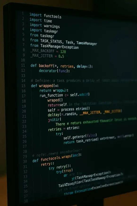 Close-up of a computer monitor in perspective view displaying complex Python code with syntax highlighting in a dark-themed editor.