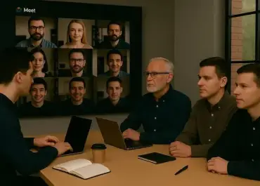Remote and local teams collaborating via video call during a software planning session.