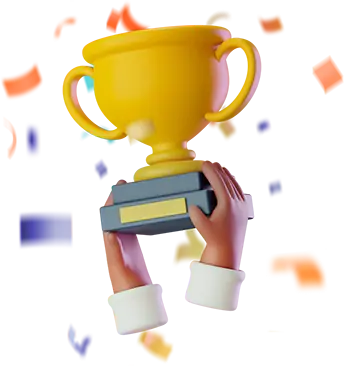Hands holding a trophy in a 3D illustration, celebrating success and innovation at Neo301