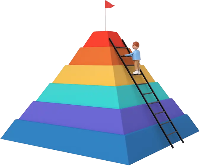 Illustration of a person climbing a staircase on a pyramid, symbolizing structured progress and success at Neo301 software factory.